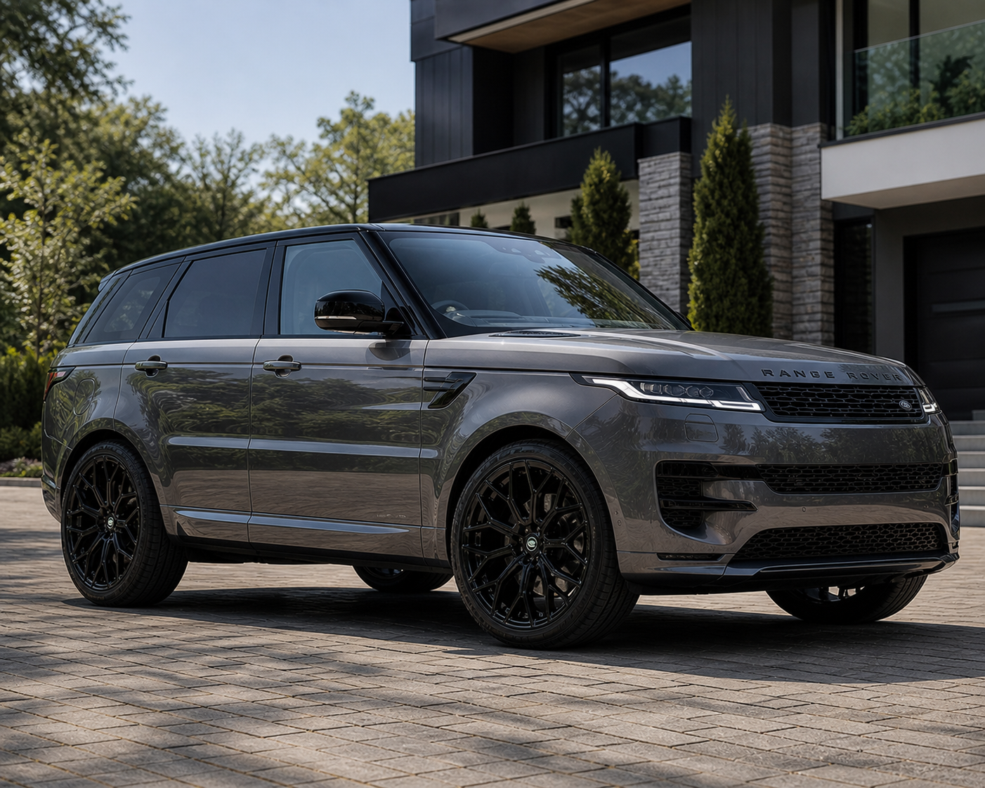Grey Range Rover Sport with 22" Black satin-black wheels