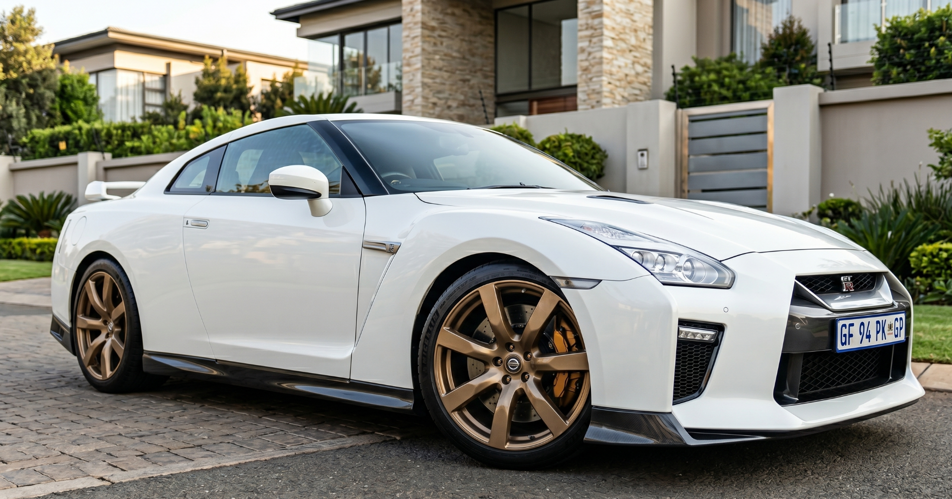 White Nissan GT-R fitted with genuine 20 inch Skyline GT-R OEM wheels refinished in a custom bronze finish parked outside a luxury modern home