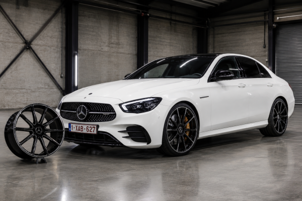 19 inch satin black multi-spoke Mercedes alloy wheel with machined face Fitted on a White Mercedes E Class